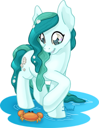 Size: 541x700 | Tagged: safe, artist:deeed, oc, oc only, oc:limpet, crab, pony, female, looking at something, mare, open mouth, open smile, simple background, smiling, solo, transparent background, water