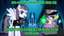 Size: 800x450 | Tagged: safe, edit, editor:undeadponysoldier, inky rose, spike, dragon, pegasus, pony, braided pigtails, castle of the royal pony sisters, clothes, crack shipping, duet, female, fire, glowing text, goth, gothic eyeliner, hat, image macro, leaves in the stream, looking at you, lyrics, magic, makeup, mare, pigtails, rock, shipping, sitting, skirt, skull, song reference, spikeyrose, talking, top hat, voltaire