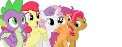 Size: 989x378 | Tagged: safe, artist:kingharald, artist:paddixx, artist:phucknuckl, edit, editor:undeadponysoldier, apple bloom, babs seed, scootaloo, spike, sweetie belle, dragon, earth pony, pegasus, pony, unicorn, adorababs, adorabloom, bipedal, cute, cutealoo, cutie mark crusaders, determined, diasweetes, female, filly, freckles, happy, missing accessory, simple background, spikabetes, squad, superior, transparent background, vector, vector edit, winged spike, wings