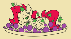 Size: 2466x1362 | Tagged: safe, artist:skookz, derpibooru import, oc, oc only, oc:love stroke, earth pony, pony, content, female, food, grapes, leaves, looking at you, lying down, mare, on side, plate, simple background, solo, vine