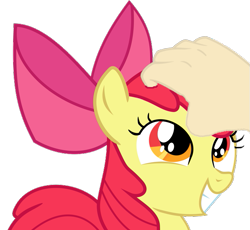 Size: 651x600 | Tagged: safe, artist:nero-narmeril, artist:undeadponysoldier, edit, editor:undeadponysoldier, apple bloom, oc, oc:anon, earth pony, human, pony, adorabloom, bow, female, filly, friendly, grin, hair bow, hand, happy, head pat, human male, male, offscreen character, offscreen human, offscreen male, petting, scratching, scratching head, simple background, smiling, transparent background, vector edit