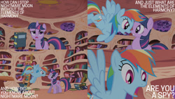 Size: 1280x720 | Tagged: safe, derpibooru import, edit, edited screencap, editor:quoterific, screencap, rainbow dash, twilight sparkle, unicorn twilight, pegasus, pony, unicorn, friendship is magic, season 1, book, cute, dashabetes, female, flying, golden oaks library, mare