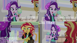 Size: 1280x720 | Tagged: safe, derpibooru import, edit, edited screencap, editor:quoterific, screencap, starlight glimmer, sunset shimmer, equestria girls, mirror magic, spoiler:eqg specials, clothes, female, food, geode of empathy, ice cream, jacket, jewelry, leather, leather jacket, magical geodes, necklace, open mouth, that human sure does love ice cream