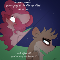 Size: 1280x1280 | Tagged: safe, artist:moodi, derpibooru import, pinkie pie, earth pony, pony, raccoon, blushing, crossover, crossover shipping, duo, regular show, rigby, rigbypie, shipping, why, wonderwall