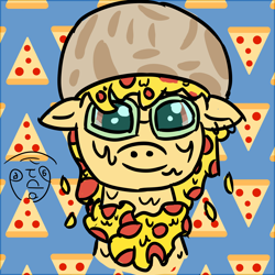 Size: 2000x2000 | Tagged: safe, artist:papacruda09, derpibooru import, oc, oc only, earth pony, food pony, original species, pizza pony, pony, background, earth pony oc, food, glasses, hat, melted, mushroom, mushroom hat, pizza