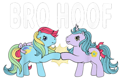 Size: 900x600 | Tagged: safe, derpibooru import, princess sparkle, sunlight (g1), earth pony, pony, unicorn, g1, design, duo, female, hoofbump, mare, merchandise, official, shirt design, simple background, text, transparent background