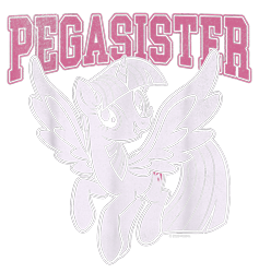 Size: 900x950 | Tagged: safe, derpibooru import, twilight sparkle, twilight sparkle (alicorn), alicorn, pony, g4, design, female, mare, merchandise, official, pegasister, shirt design, simple background, solo, text, transparent background