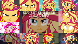 Size: 1280x721 | Tagged: safe, derpibooru import, edit, edited screencap, editor:quoterific, screencap, fluttershy, sunset shimmer, better together, eqg summertime shorts, equestria girls, equestria girls (movie), forgotten friendship, friendship games, game stream, i'm on a yacht, my past is not today, pet project, rainbow rocks, sunset's backstage pass!, wake up!, wake up!: rainbow dash, angry, blushing, close-up, clothes, cute, cutie mark, cutie mark on clothes, eyes closed, female, gamer sunset, gamershy, headphones, how to backstage, open mouth, rageset shimmer, shimmerbetes, sleeping