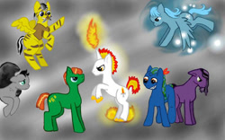 Size: 800x500 | Tagged: safe, artist:mdragonflame, derpibooru import, oc, oc only, earth pony, pegasus, pony, unicorn, earth pony oc, flying, group, horn, pegasus oc, rearing, unicorn oc