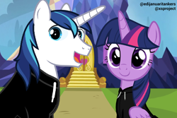 Size: 1126x750 | Tagged: safe, artist:edy_january, derpibooru import, edit, shining armor, twilight sparkle, twilight sparkle (alicorn), alicorn, pony, unicorn, brother and sister, castle, clothes, duo, female, gopnik, hardbass, hoodie, incest, infidelity, male, shiningsparkle, shipping, siblings, slav, straight, tri poloski, twicest, twilight's castle, vector, vector edit