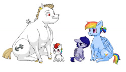 Size: 1464x838 | Tagged: safe, artist:ukulelepineapplecat, derpibooru import, oc, oc:buff bolt, oc:indigo, pegasus, pony, alternate hairstyle, colt, female, filly, half-siblings, male, mare, offspring, parent:bulk biceps, parent:rainbow dash, parent:soarin', parents:soarindash, pegasus oc, shipping, simple background, stallion, straight, white background, wings