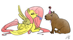 Size: 2225x1230 | Tagged: safe, artist:opalacorn, derpibooru import, fluttershy, capybara, pegasus, pony, beanbrows, female, mare, party hat, simple background, white background