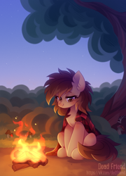 Size: 2928x4062 | Tagged: safe, artist:dedfriend, derpibooru import, oc, oc only, earth pony, pony, campfire, fire, mushroom, solo, tree