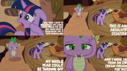 Size: 1280x720 | Tagged: safe, derpibooru import, edit, edited screencap, editor:quoterific, screencap, spike, twilight sparkle, unicorn twilight, dragon, pony, unicorn, it's about time, season 2, duo, ears, eyes closed, female, floppy ears, golden oaks library, male, mare, open mouth, stairs