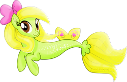 Size: 3029x1979 | Tagged: safe, artist:jucamovi1992, derpibooru import, oc, oc only, earth pony, pony, seapony (g4), brown eyes, dorsal fin, female, fish tail, flowing mane, flowing tail, looking at you, ribbon, seaponified, simple background, smiling, solo, species swap, tail, transparent background, watermark, yellow mane