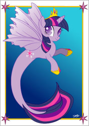 Size: 308x434 | Tagged: safe, artist:queenzora, derpibooru import, twilight sparkle, twilight sparkle (alicorn), alicorn, pony, seapony (g4), crepuscular rays, crown, feather, female, fins, fish tail, flowing mane, flowing tail, hoof shoes, horn, jewelry, looking at you, ocean, postcard, purple eyes, regalia, seaponified, seapony twilight, simple background, smiling, solo, species swap, spread wings, sunlight, swimming, tail, underwater, water, wings