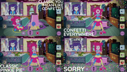 Size: 1280x720 | Tagged: safe, derpibooru import, edit, edited screencap, editor:quoterific, screencap, pinkie pie, rarity, equestria girls, equestria girls series, festival looks, spoiler:eqg series (season 2), confetti, eyes closed, female, geode of shielding, geode of sugar bombs, magical geodes, music festival outfit, nose in the air, open mouth, party cannon, smiling