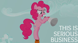 Size: 1280x720 | Tagged: safe, derpibooru import, edit, edited screencap, editor:quoterific, screencap, pinkie pie, earth pony, pony, a friend in deed, season 2, bipedal, female, mare, megaphone, open mouth, serious business, solo