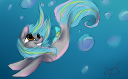 Size: 1116x692 | Tagged: safe, artist:elisdoominika, derpibooru import, oc, oc only, earth pony, pony, seapony (g4), brown eyes, bubble, crepuscular rays, dorsal fin, eyelashes, female, fish tail, flowing mane, flowing tail, looking up, ocean, seaponified, signature, smiling, solo, species swap, swimming, tail, underwater, water