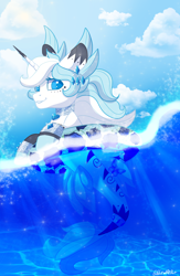 Size: 1452x2222 | Tagged: safe, artist:wicked-red-art, derpibooru import, oc, oc only, pony, seapony (g4), unicorn, blue eyes, bubble, cloud, commission, crepuscular rays, dorsal fin, fish tail, flowing mane, flowing tail, horn, looking at you, ocean, seaponified, sky, smiling, solo, species swap, sunlight, swimming, tail, underwater, water, ych result