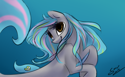 Size: 1116x692 | Tagged: safe, artist:elisdoominika, derpibooru import, oc, oc only, earth pony, pony, seapony (g4), brown eyes, crepuscular rays, dorsal fin, female, fish tail, flowing mane, flowing tail, ocean, seaponified, signature, smiling, solo, species swap, tail, underwater, water
