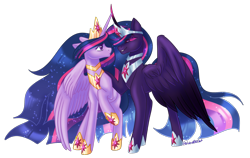 Size: 1874x1188 | Tagged: safe, artist:wicked-red-art, derpibooru import, princess twilight 2.0, twilight sparkle, twilight sparkle (alicorn), alicorn, pony, the last problem, corrupted, crown, duality, ethereal mane, evil, evil grin, evil twilight, feather, female, flowing mane, flowing tail, grin, hoof shoes, horn, horns are touching, jewelry, looking at each other, older, older twilight, purple eyes, regalia, self ponidox, simple background, smiling, solo, starry mane, transparent background, wings