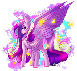 Size: 1024x947 | Tagged: safe, artist:wicked-red-art, derpibooru import, princess cadance, alicorn, pony, eyelashes, feather, featureless crotch, female, glow, horn, lidded eyes, multicolored hair, obtrusive watermark, purple eyes, simple background, slit eyes, solo, spread wings, transparent background, watermark, wings