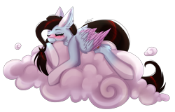Size: 2707x1736 | Tagged: safe, artist:inspiredpixels, derpibooru import, oc, oc only, pegasus, pony, blushing, cloud, eyes closed, female, mare, signature, simple background, solo, transparent background, two toned wings, wings