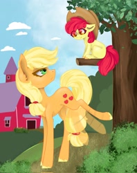 Size: 1622x2048 | Tagged: safe, artist:cloudberry_mess, artist:pixthemallow, derpibooru import, apple bloom, applejack, earth pony, pony, collaboration, :t, accessory swap, applejack's hat, bucking, clothes, cowboy hat, hat, looking back, sitting in a tree, smiling, tree, tree branch, unamused