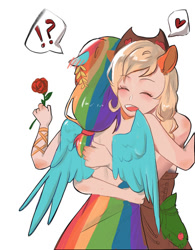 Size: 500x640 | Tagged: artist needed, source needed, safe, derpibooru import, applejack, rainbow dash, earth pony, human, pegasus, appledash, bare shoulders, blushing, ear blush, eared humanization, exclamation point, eyes closed, female, flower, heart, hug, humanized, interrobang, lesbian, open mouth, open smile, question mark, rose, shipping, sleeveless, smiling, winged humanization, wings