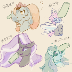 Size: 1500x1501 | Tagged: safe, artist:apatheticxaddict, derpibooru import, dragon lord torch, medley brook, nightmare rarity, seabreeze, breezie, dragon, kelpie, pony, unicorn, bap, boop, colored sketch, disembodied hoof, female, male, offscreen character, onomatopoeia, patting, sploosh