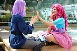 Size: 720x480 | Tagged: safe, artist:littlemissbloo, artist:sarahndipity cosplay, derpibooru import, maud pie, pinkie pie, human, equestria girls, bronycon, bronycon 2015, clothes, cosplay, costume, irl, irl human, pattycakes, photo