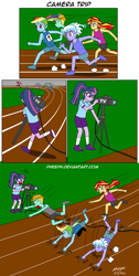 Size: 1081x2152 | Tagged: safe, artist:pheeph, derpibooru import, cloudchaser, lightning dust, rainbow dash, sci-twi, sunset shimmer, twilight sparkle, equestria girls, cable, camera, comic, equestria girls-ified, old master q, parody, running, sports, track and field, tripping