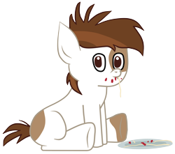 Size: 3000x2648 | Tagged: safe, artist:funnystargalloper, derpibooru exclusive, derpibooru import, pipsqueak, earth pony, pony, clip studio paint, colt, looking at you, male, pipsqueak eating spaghetti, plate, simple background, sitting, solo, transparent background