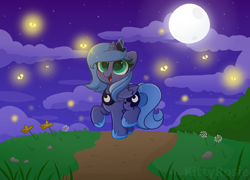 Size: 6800x4900 | Tagged: safe, artist:kittyrosie, derpibooru import, princess luna, alicorn, firefly (insect), insect, pony, blushing, cute, lunabetes, open mouth, s1 luna, starry eyes, wingding eyes