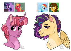 Size: 2365x1684 | Tagged: safe, artist:moccabliss, derpibooru import, big macintosh, cheese sandwich, rainbow dash, twilight sparkle, twilight sparkle (alicorn), oc, alicorn, pony, unicorn, bust, cheesedash, female, male, offspring, parent:big macintosh, parent:cheese sandwich, parent:rainbow dash, parent:twilight sparkle, parents:cheesedash, parents:twimac, screencap reference, shipping, simple background, straight, transparent background, twimac