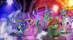 Size: 1920x1078 | Tagged: safe, artist:brainiac, derpibooru import, pinkie pie, princess cadance, princess celestia, princess luna, queen chrysalis, spike, tree hugger, twilight sparkle, twilight sparkle (alicorn), oc, oc:alumx, oc:whiskey lullaby, alicorn, dragon, collar, digital painting, hookah, inteleon, lounge, pokémon, pokémon card, scene interpretation, smoking, winged spike