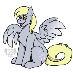 Size: 1500x1500 | Tagged: safe, artist:sursiq, derpibooru import, derpy hooves, pegasus, pony, cutie mark, female, fullbody, mare, open mouth, simple background, sitting, smiling, solo, spread wings, watermark, white background, wings