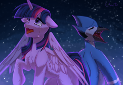 Size: 2944x2048 | Tagged: safe, artist:maybeweed, derpibooru import, twilight sparkle, twilight sparkle (alicorn), alicorn, aeroplanes and meteor showers, chest fluff, crossover, crossover shipping, crying, ears, eyes closed, female, floppy ears, male, meme, mordecai, mordetwi, redraw mordetwi meme, regular show, shipping, straight