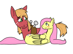 Size: 349x255 | Tagged: safe, artist:moonstruck-badger, derpibooru import, big macintosh, fluttershy, earth pony, pegasus, pony, blushing, cropped, female, fluttermac, looking at each other, lying down, male, mare, shipping, simple background, smiling, smiling at each other, stallion, straight, straw in mouth, white background