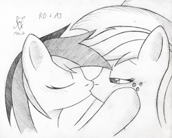 Size: 550x443 | Tagged: safe, artist:srmario, derpibooru import, applejack, rainbow dash, earth pony, pegasus, pony, appledash, bedroom eyes, bust, eyelashes, eyes closed, female, freckles, grayscale, kissing, lesbian, mare, monochrome, shipping, signature, traditional art