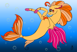 Size: 1814x1228 | Tagged: safe, artist:spotzoftheworld, derpibooru import, oc, oc only, hybrid, merpony, seapony (g4), bubble, crepuscular rays, dorsal fin, fin wings, fins, fish tail, flowing tail, freckles, green eyes, jewelry, necklace, ocean, signature, smiling, solo, sunlight, swimming, tail, underwater, water, wings