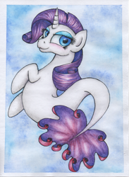 Size: 1742x2383 | Tagged: safe, artist:langustka, derpibooru import, rarity, merpony, pony, seapony (g4), unicorn, my little pony: the movie, blue background, blue eyes, blue mane, blushing, colored pupils, female, fish tail, flowing mane, flowing tail, horn, ocean, seaponified, seapony rarity, simple background, smiling, solo, species swap, tail, underwater, water