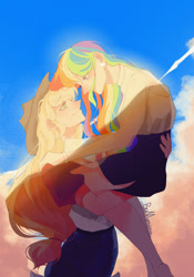 Size: 500x716 | Tagged: safe, artist:yueyong996, derpibooru import, applejack, rainbow dash, human, appledash, carrying, female, humanized, lesbian, looking into each others eyes, shipping