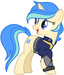 Size: 1024x1209 | Tagged: safe, artist:pegasski, derpibooru import, oc, oc:river splash, pony, unicorn, clothes, female, mare, simple background, solo, transparent background, vault suit