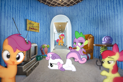 Size: 1020x681 | Tagged: safe, artist:frownfactory, artist:sollace, artist:unfiltered-n, artist:wildtiel, edit, editor:undeadponysoldier, apple bloom, babs seed, scootaloo, spike, sweetie belle, earth pony, pegasus, pony, unicorn, art pack:vacation time with spike and the cmc, best trends forever, best friends, best friends until the end of time, bow, chair, cute, cutealoo, cutie mark crusaders, disappointed, dominican republic, dragons in real life, female, filly, freckles, gary the snail, gem, interior, irl, irl background, male, pet bowl, pineapple villa, ponies in real life, punta cana, relaxed, scootie belle, shell, silly, sitting, snail, spongebob squarepants, television, tongue, tongue out, vacation, villa