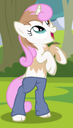 Size: 578x1017 | Tagged: safe, artist:anonymous, twinkleshine, pony, unicorn, bipedal, clothes, female, happy, heterochromia, human to pony, in progress, mare, mid-transformation, open mouth, open smile, pants, show accurate, smiling, solo, species swap, transformation, transgender transformation
