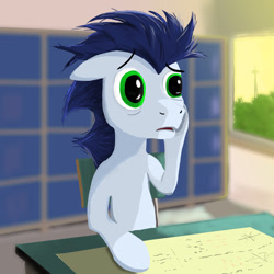 Size: 1280x1280 | Tagged: safe, artist:edgillock, derpibooru import, soarin', desk, sitting, worried