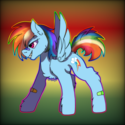 Size: 1439x1439 | Tagged: safe, artist:bluemoon, derpibooru import, rainbow dash, pegasus, pony, bandaid, bandaid on nose, cheek fluff, chest fluff, ear fluff, ears, female, grin, leg fluff, mare, sharp teeth, smiling, solo, teeth, wings