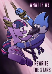 Size: 2893x4092 | Tagged: safe, artist:timsplosion, derpibooru import, twilight sparkle, unicorn twilight, bird, blue jay, pony, unicorn, crossover, crossover shipping, female, male, mordecai, mordetwi, regular show, rewrite the stars, shipping, smiling, straight, the greatest showman, trapeze